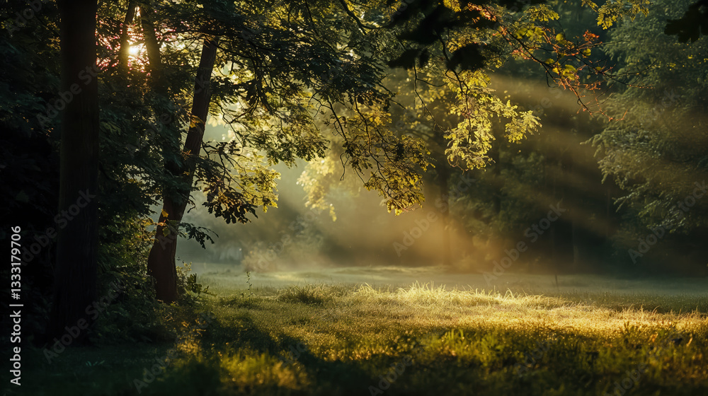 Obraz premium Light filtering through the trees in a rendering of a woods setting. Promoting wellness, comfort and relaxation.