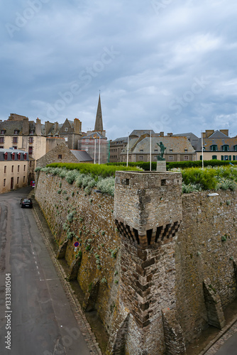 Architecture of ancient city Saint-Malo, a walled port city in Brittany (prefecture Ille-et-Vilaine) in northwestern France on English Channel. Saint-Malo. France.