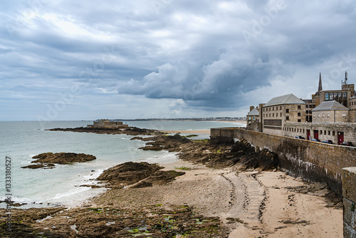 Architecture of ancient city Saint-Malo, a walled port city in Brittany (prefecture Ille-et-Vilaine) in northwestern France on English Channel. Saint-Malo. France.
