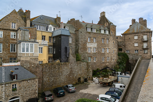Architecture of ancient city Saint-Malo, a walled port city in Brittany (prefecture Ille-et-Vilaine) in northwestern France on English Channel. Saint-Malo. France.