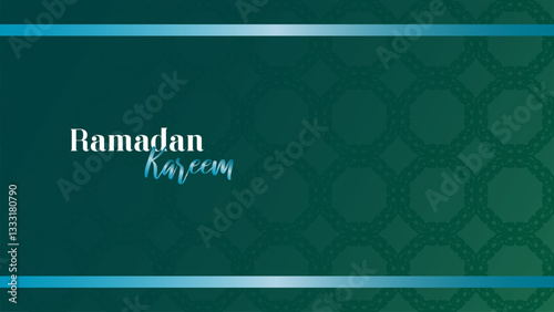 A festive Ramadan Kareem greeting design. Dark teal gradient background with subtle circular Islamic pattern. White calligraphic 