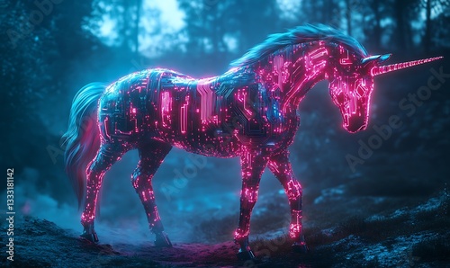 A Glowing Cybernetic Unicorn Stands in a Dark Forest Setting