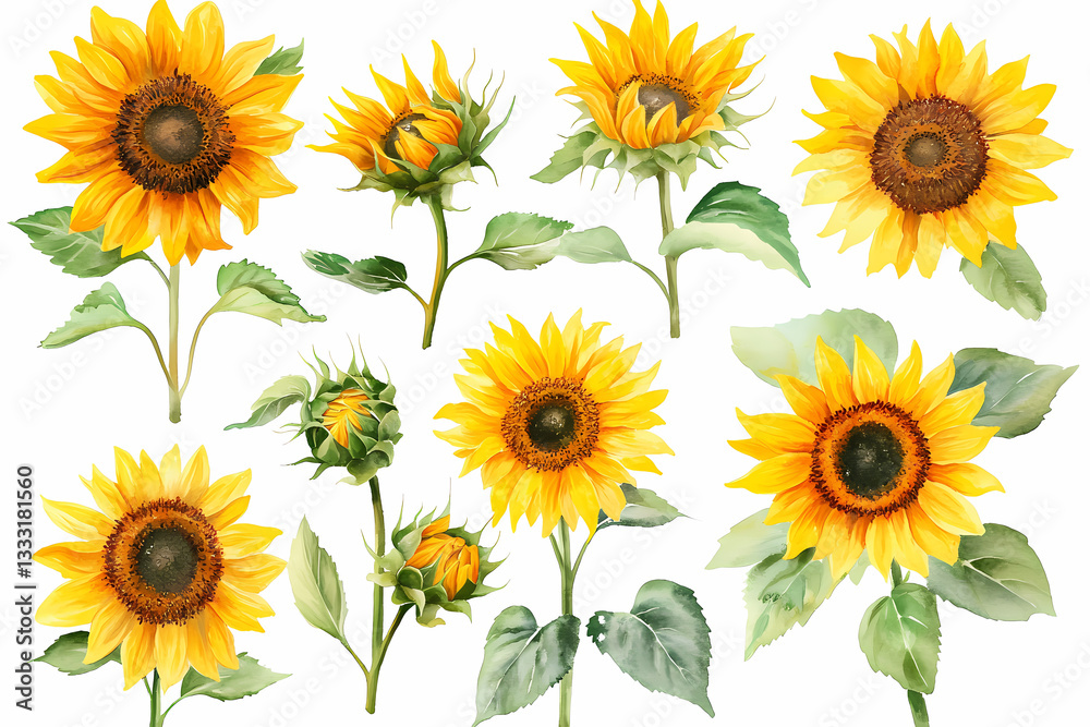 Sunflower Collection: Watercolor arrangement showcasing a collection of sunflowers in various stages of bloom. The image exudes warmth, joy, and the beauty of nature. Sunflower Collection: Watercolor arrangement showcasing a collection of sunflowers in various stages of bloom. The image exudes warmth, joy, and the beauty of nature.