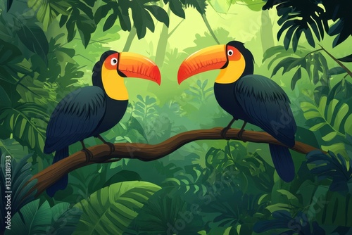  Exotic Toucan Pair Sitting on Tree Branch in Jungle Environment / toucan on a branch