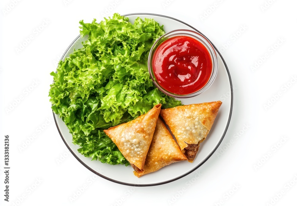Crispy Fried Pastries Served on Plate with Fresh Green Lettuce and Ketchup Dip for Delicious Snack or Appetizer Presentation Crispy Fried Pastries Served on Plate with Fresh Green Lettuce and Ketchup Dip for Delicious Snack or Appetizer Presentation