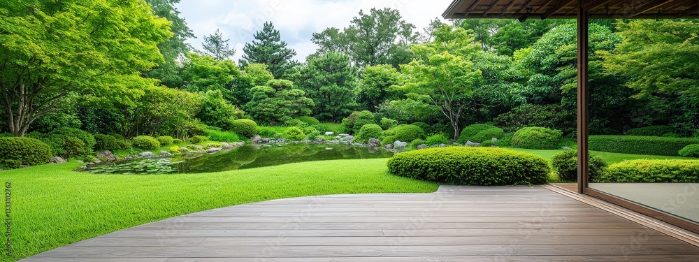 Obraz premium Serene Garden with Lush Greenery and Tranquil Water Reflection