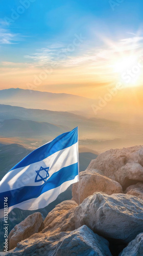 People of Israel united at sunrise with a flag on a rocky landscape