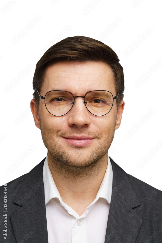 Professional man in suit with glasses smiling against a plain background Professional man in suit with glasses smiling against a plain background