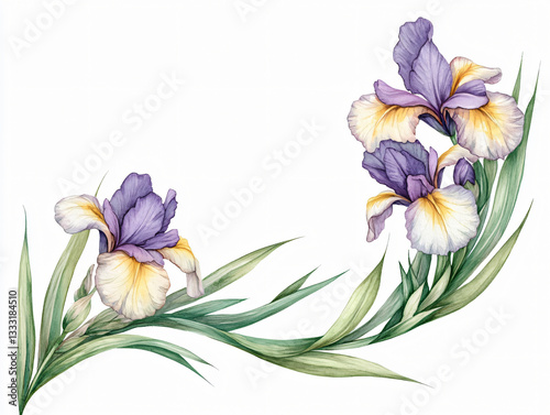 Watercolor iris floral clipart illustration delicate botanical flowers soft pastel petals green leaves artistic bouquet decorative nature design elegant hand painted digital artwork vintage aesthetic