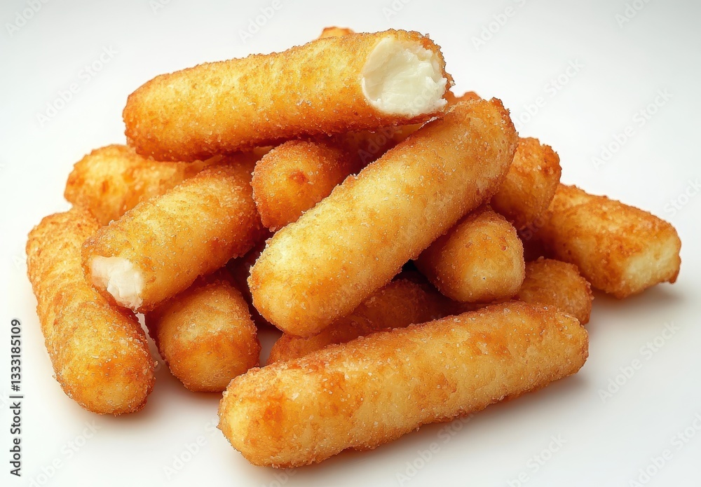 Crispy Golden Breaded Cheese Sticks Stacked High on a Smooth White Surface Capturing Delicious Appetizing Snack Food in a Well-Lit Setting Crispy Golden Breaded Cheese Sticks Stacked High on a Smooth White Surface Capturing Delicious Appetizing Snack Food in a Well-Lit Setting