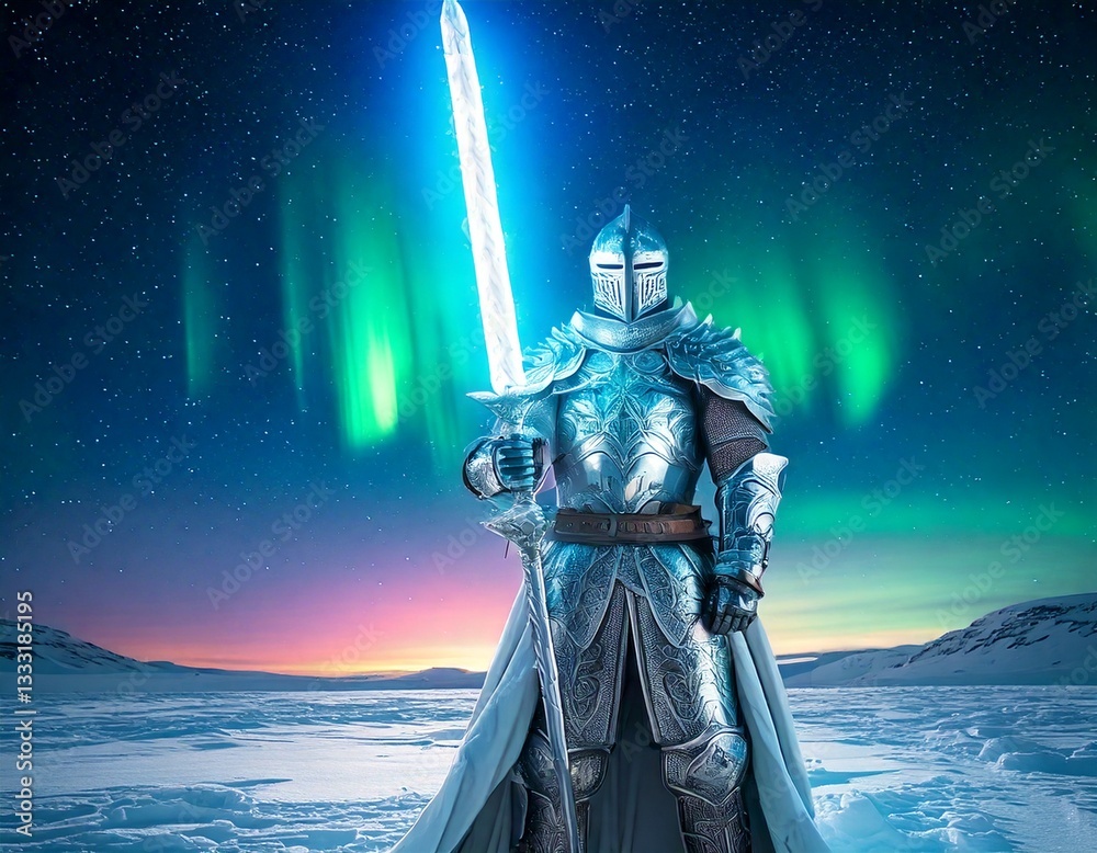 Fototapeta premium A knight in enchanted silver armor, wielding a glowing ice lance, standing in a frozen tundra with auroras overhead - Generated image
