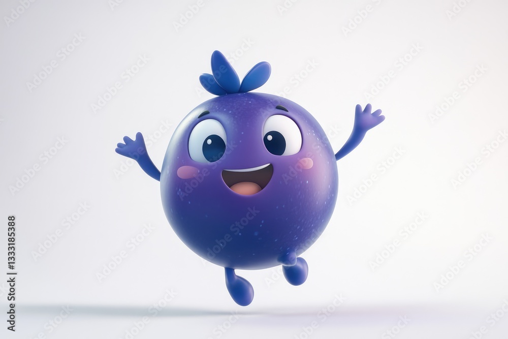 Fototapeta premium A cheerful cartoon blueberry character joyfully leaps and waves.