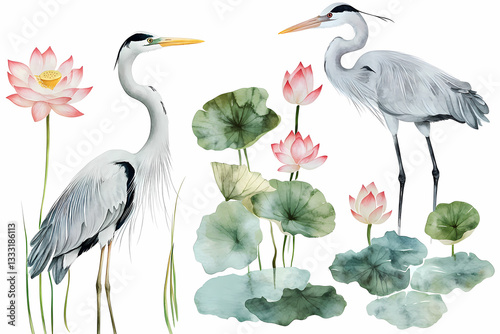 Elegant Water Birds and Lotus Flowers: A serene watercolor illustration of two graceful herons standing amidst blooming lotus flowers and lily pads, evoking tranquility and natural beauty.