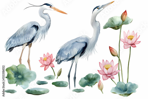 Watercolor Herons and Lotus Blossoms: Delicate watercolor illustration of two herons gracefully interacting with serene lotus blossoms and lily pads, creating a tranquil aquatic scene.