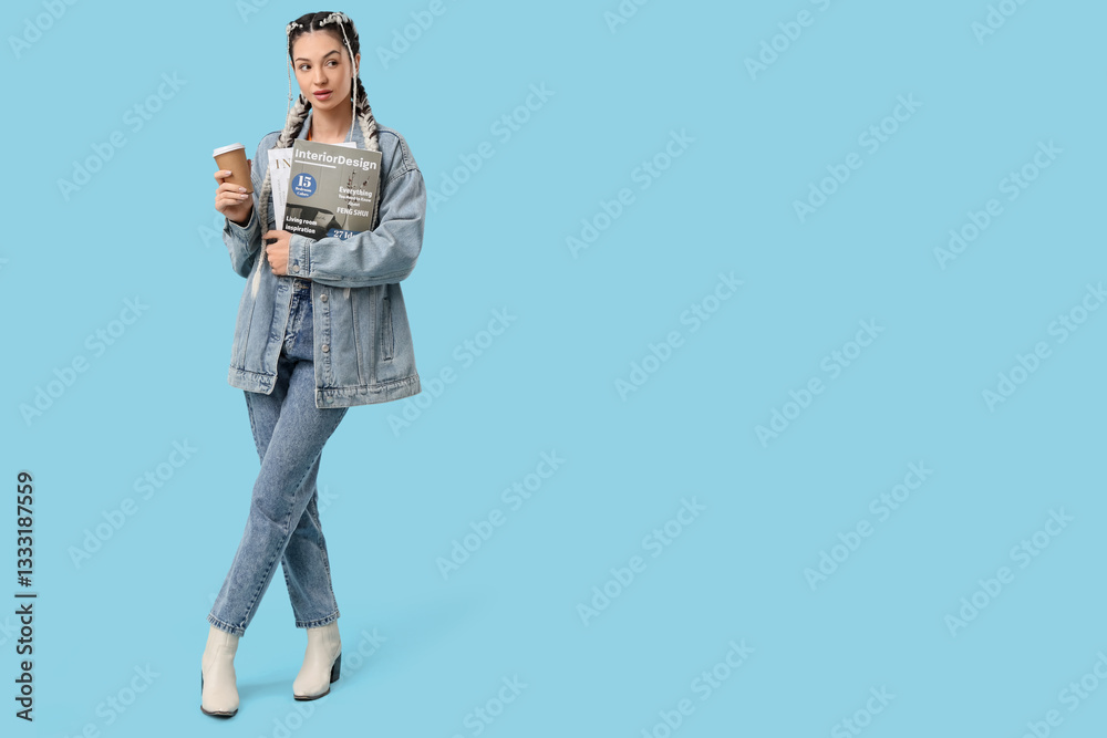 Naklejka premium Young woman holding interior design magazines and coffee cup, fashionable student lifestyle, isolated on blue background