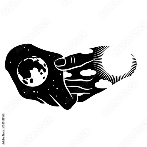 Two holding hands as day and night. Union of opposites. Creative concept. Black and white silhouette.
