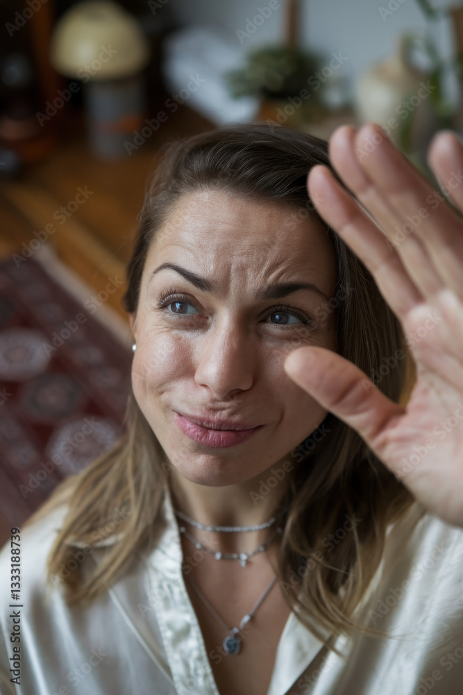 Obraz premium Contemplative Woman Waving Her Hand in a Cozy Indoor Setting