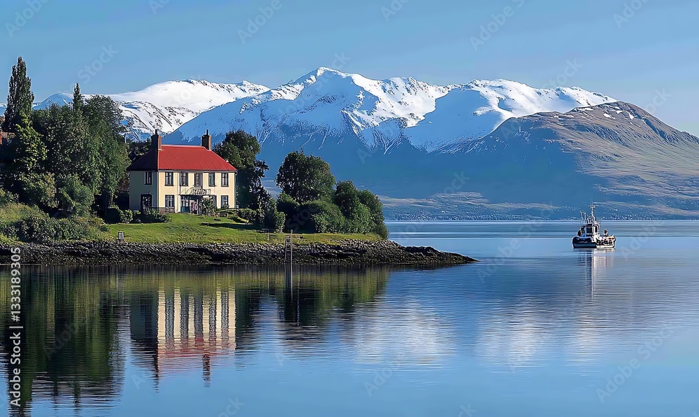 Fototapeta premium Snow Capped Mountains and Calm Water Reflection