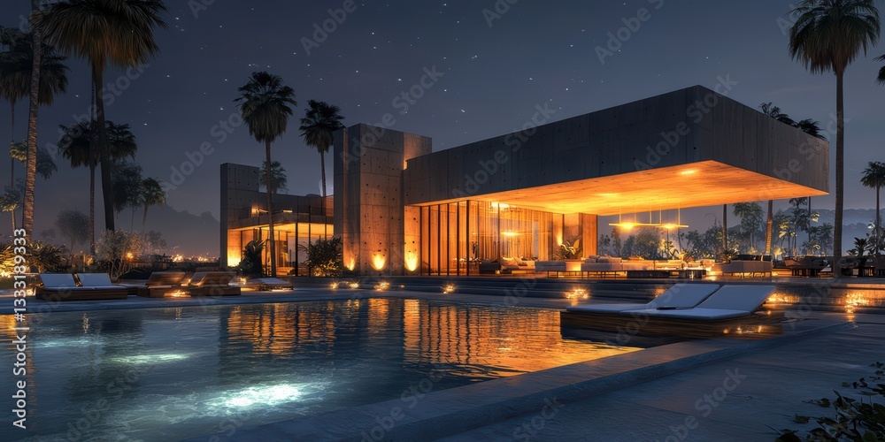 Obraz premium A luxurious contemporary mansion with a sprawling outdoor space, featuring an infinity pool, sun loungers, and an open-air dining area