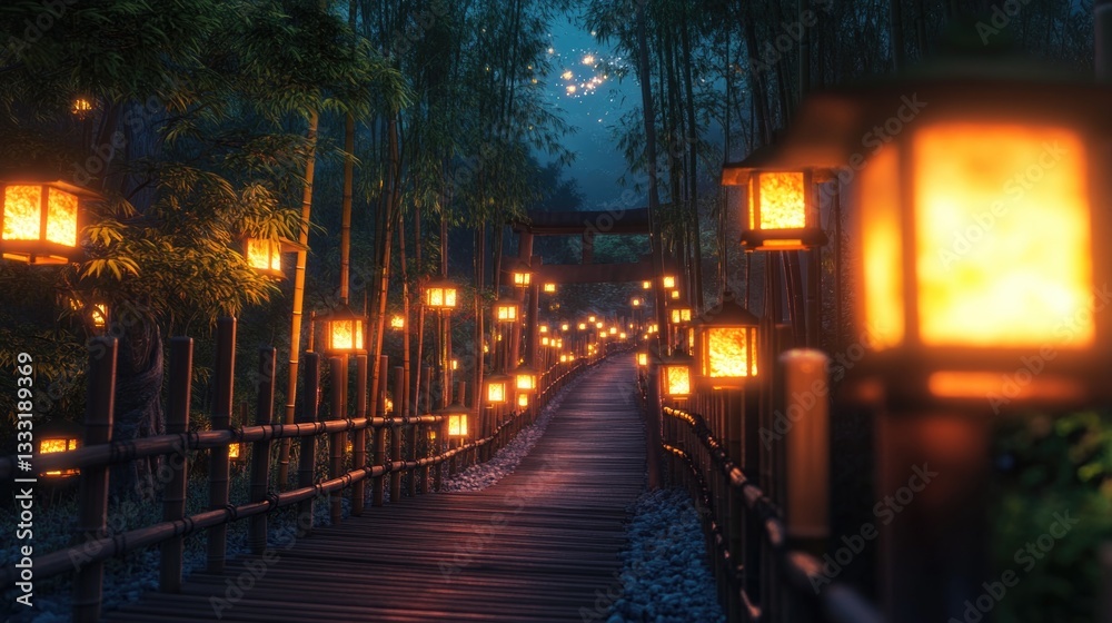 Luminous Lanterns Illuminate A Pathway Through A Bamboo Forest At Night Luminous Lanterns Illuminate A Pathway Through A Bamboo Forest At Night