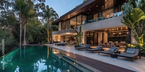 Wallpaper Mural A luxurious contemporary mansion with a sprawling outdoor space, featuring an infinity pool, sun loungers, and an open-air dining area Torontodigital.ca