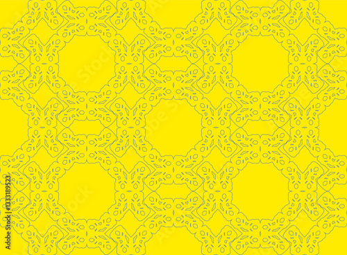 Seamless ornate pattern. Bright yellow background. Light blue outlines. Intricate details. Symmetrical design. Vintage style. Decorative motif. Seamless texture. Flat vector.