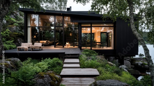 A minimalist Scandinavian-style house with a black timber facade, large panoramic windows, and a cozy outdoor seating area