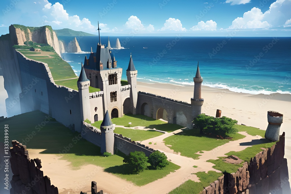Fototapeta premium ゲーム背景 海辺の隔離された修道院と海のある風景