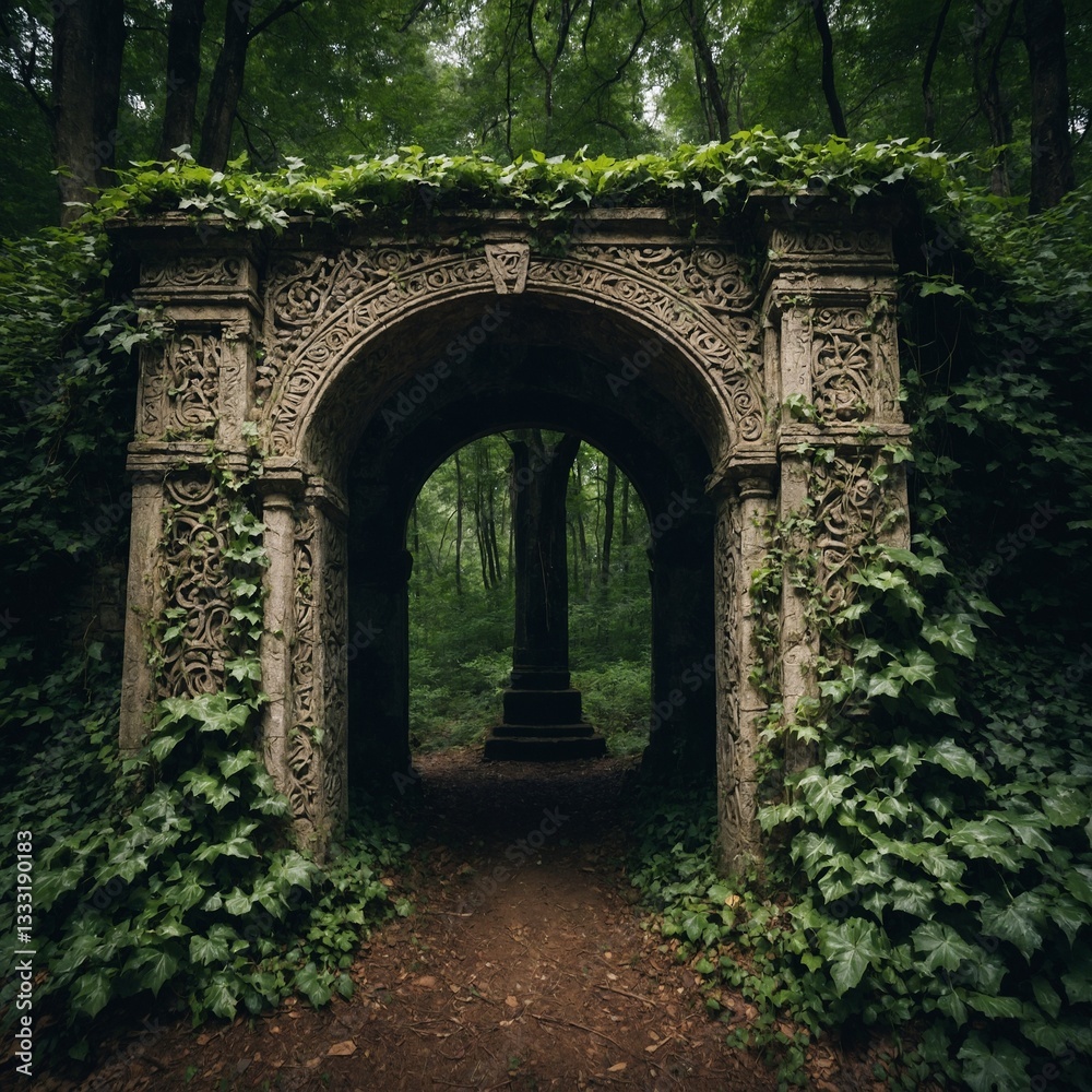 A mystical stone archway hidden deep in the woods, covered in ancient carvings and ivy, standing as a portal to an unknown past A mystical stone archway hidden deep in the woods, covered in ancient carvings and ivy, standing as a portal to an unknown past