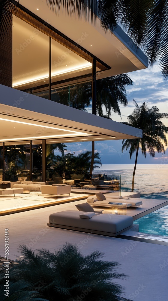 Fototapeta premium A stunning modern villa with floor-to-ceiling glass walls, seamlessly blending indoor and outdoor spaces