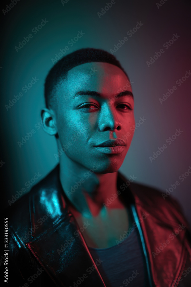 Fototapeta premium Stylish Young Man with Confident Expression in Modern Two-Tone Lighting