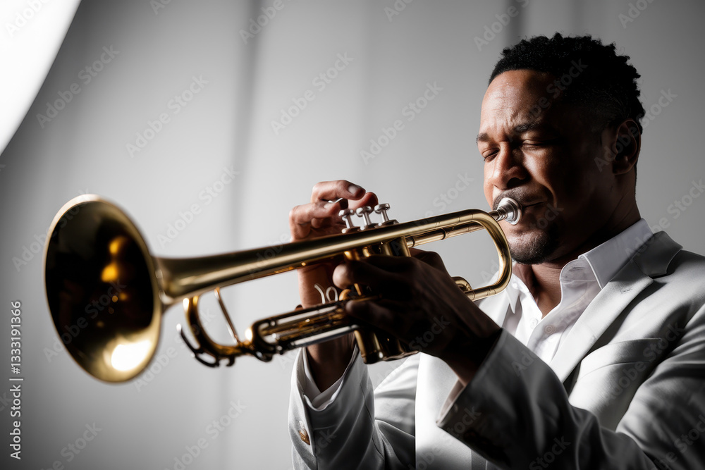 Obraz premium Passionate Musician Playing Trumpet in Elegant White Suit with Soft Lighting