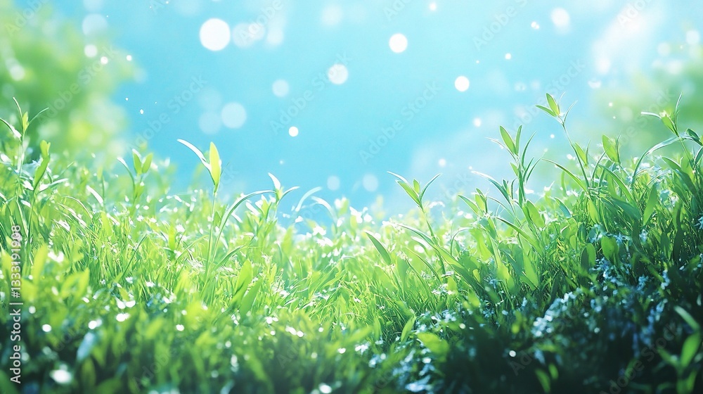 Fresh Green Grass Under Bright Blue Sky with Soft Light and Bokeh Fresh Green Grass Under Bright Blue Sky with Soft Light and Bokeh