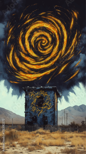 Surreal Abandoned House with Fiery Spiral Vortex in Dark Night Sky over Deserted Landscape with Mountains Vector Art