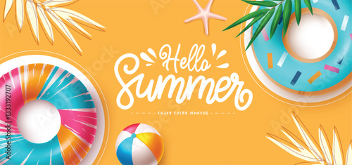 Hello summer greeting vector banner design. Hello summer greeting text with colorful floaters, starfish, beach ball and palm leaves decoration elements. Vector illustration.