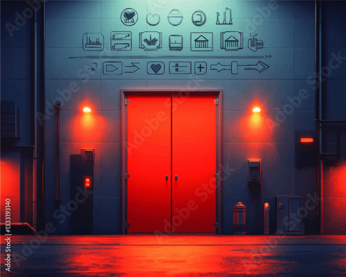 Stunning Industrial Vector Image of Red Doorway in Modern Factory Entrance with Neon Lighting and Iconography for Warehouse Security and Tech Blogs