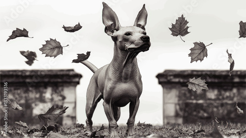 Majestic Hairless Dog in Autumn Wind with Flying Leaves - Captivating Vector Art with Fall Vibes and Expressive Canine in Elegant Black and White Landscape