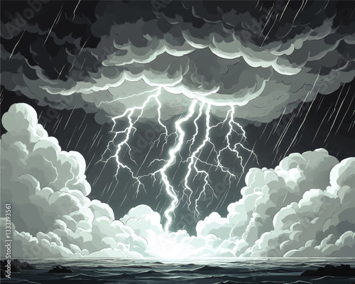 Dramatic Vector Art of Lightning Storm Over Ocean with Torrential Rain and Dark Thunderous Clouds Illuminating Night Sky - Perfect for Weather-Themed Designs