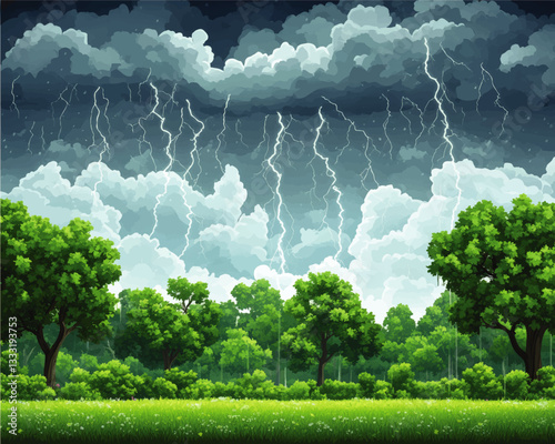 Dramatic Vector Illustration of Stormy Sky with Lightning Strikes Over Green Forest and Meadows Ideal for Weather Art and Environmental Designs
