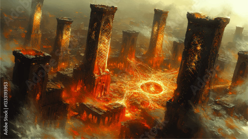 Majestic Ancient Towers amidst Fiery Apocalypse - Vector Illustration of Eerie Burning Cityscape with Glowing Runes and Mystical Atmosphere