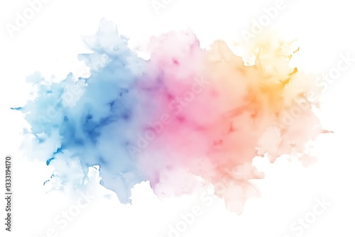 Vibrant watercolor splash with blended blue, pink, and yellow hues on white background with soft organic texture. a concept of creativity. Round Lake, Ontario watercolor painting.