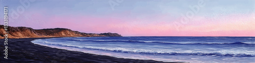Stunning Coastal Vector Illustration: Seaside Landscape at Dawn with Scenic Waves, Dramatic Cliffs, and Serene Pink Sky, Perfect for Beach-Themed Designs