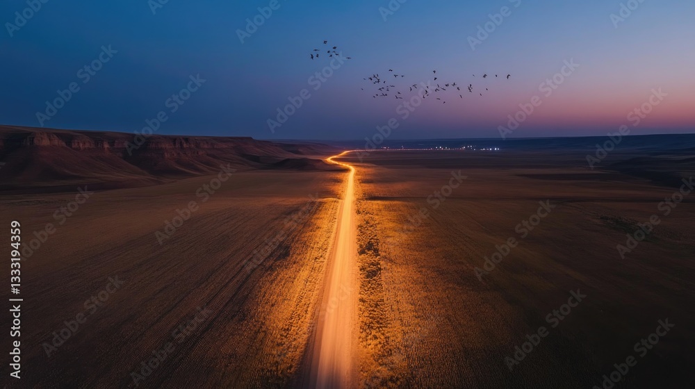 Fototapeta premium A long illuminated road stretches through a vast landscape at dusk