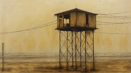 Rustic Elevated Beach Hut on Stilts Overlooking Ocean Waves at Dusk with Weathered Exterior and Lush Coastal Vibe in Serene Seaside Landscape Vector Art