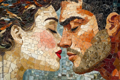 Mosaic artwork depicting a couple kissing tenderly