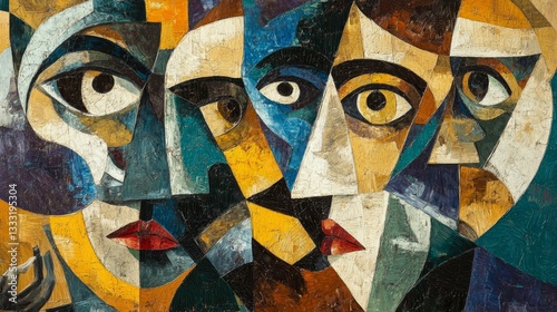 Geometric faces in an abstract painted style.