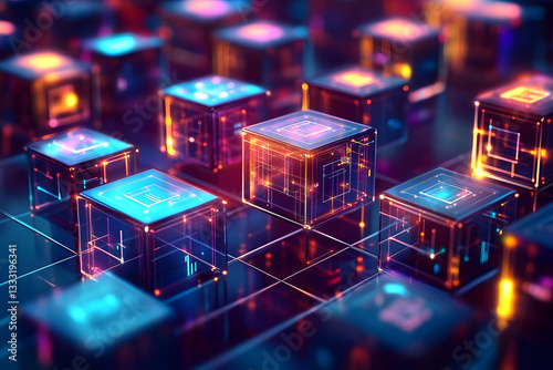 Connected digital cubes, intricate network, futuristic technology