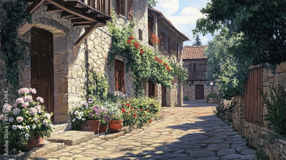 Fototapeta premium An old picturesque street scene featuring stone buildings and plants