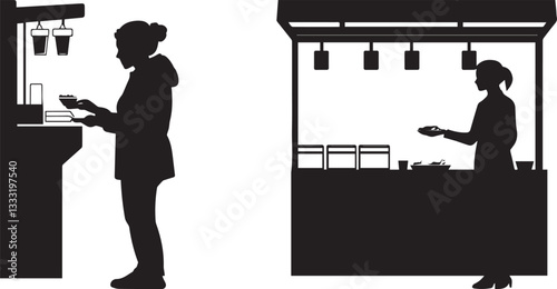 Silhouette of a person ordering food at a food court kiosk vector silhouette