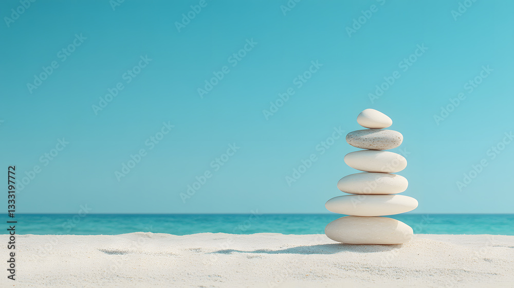 Fototapeta premium Balanced White Stones Tower on Sandy Beach Under Clear Blue Sky